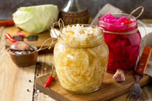 Sauerkraut is finely-shredded cabbage that's often eaten with sausage