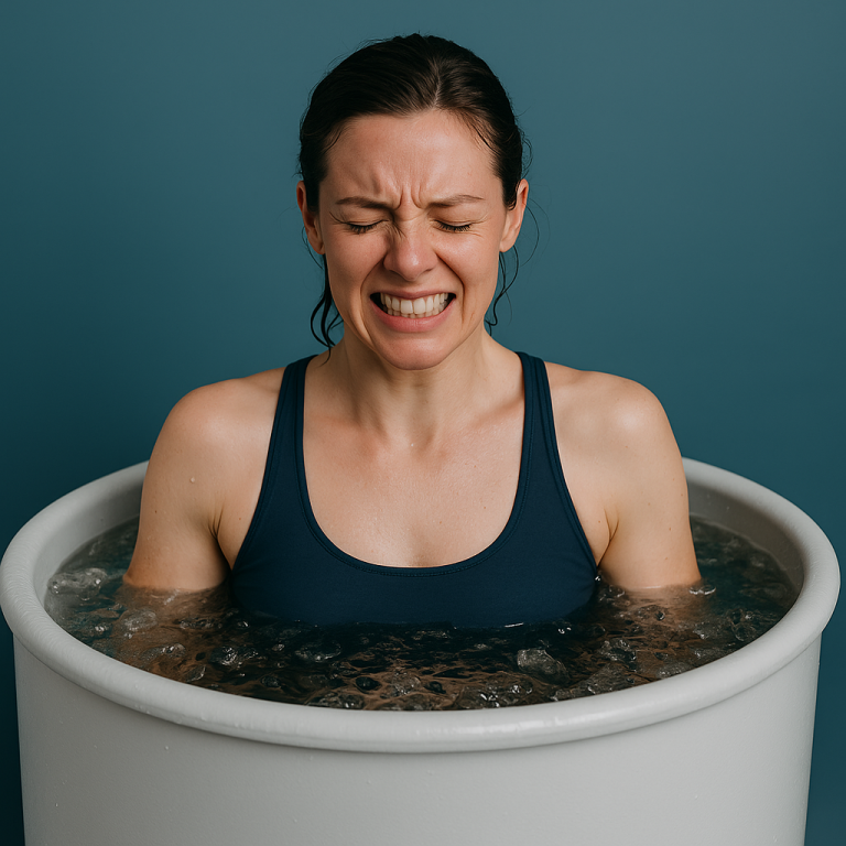 oung woman grimacing in an ice-cold plunge tub, wearing athletic wear, with ice visible in the water, representing the question: are cold plunges good for women?