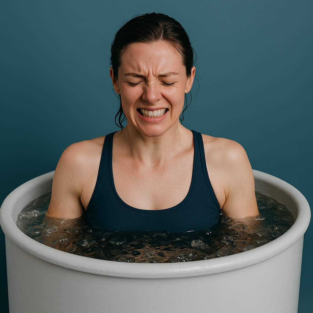oung woman grimacing in an ice-cold plunge tub, wearing athletic wear, with ice visible in the water, representing the question: are cold plunges good for women?